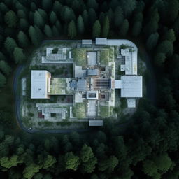 aerial view futuristic maximum-security penitentiary in the middle of forest in broad daylight based on https://files.dreamhome.software/files/static/36926