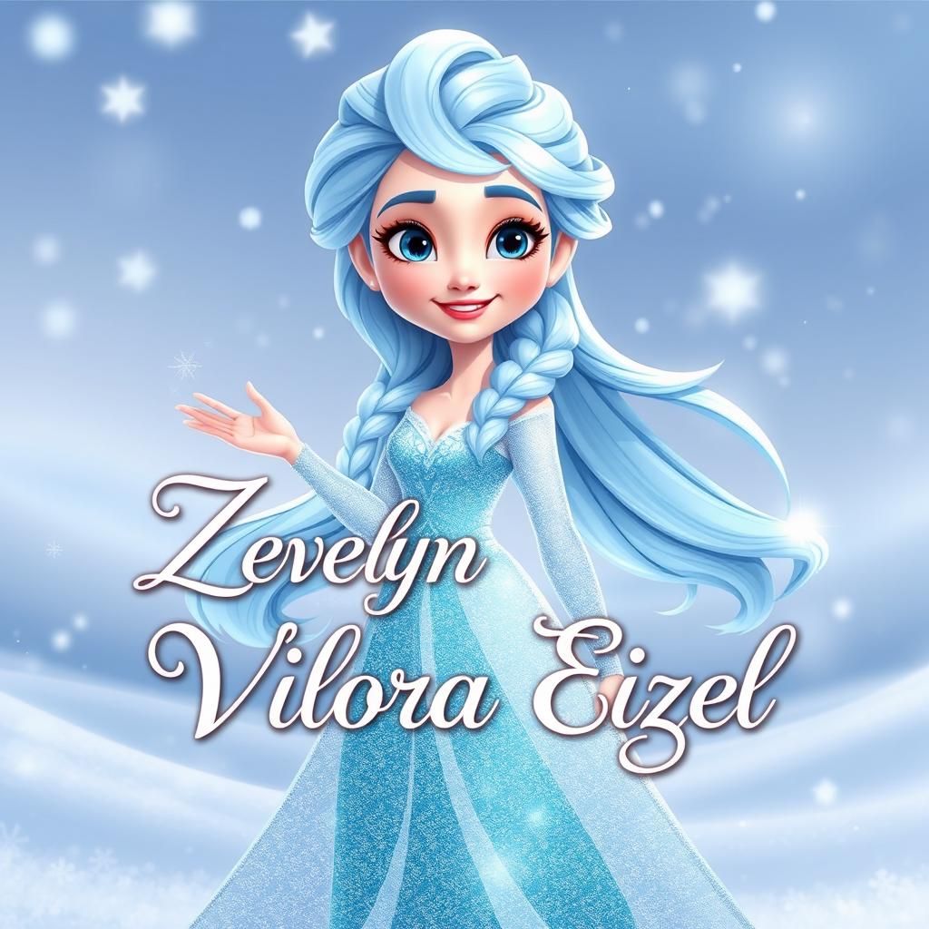 A cartoon character inspired by Elsa from Disney's Frozen, featuring long, flowing icy blue hair, a sparkling ice gown, and a magical, enchanting pose