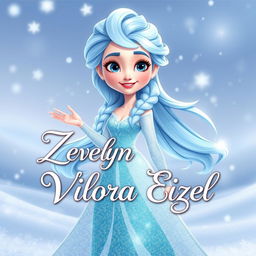 A cartoon character inspired by Elsa from Disney's Frozen, featuring long, flowing icy blue hair, a sparkling ice gown, and a magical, enchanting pose