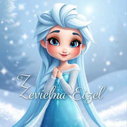 A cartoon character inspired by Elsa from Disney's Frozen, featuring long, flowing icy blue hair, a sparkling ice gown, and a magical, enchanting pose