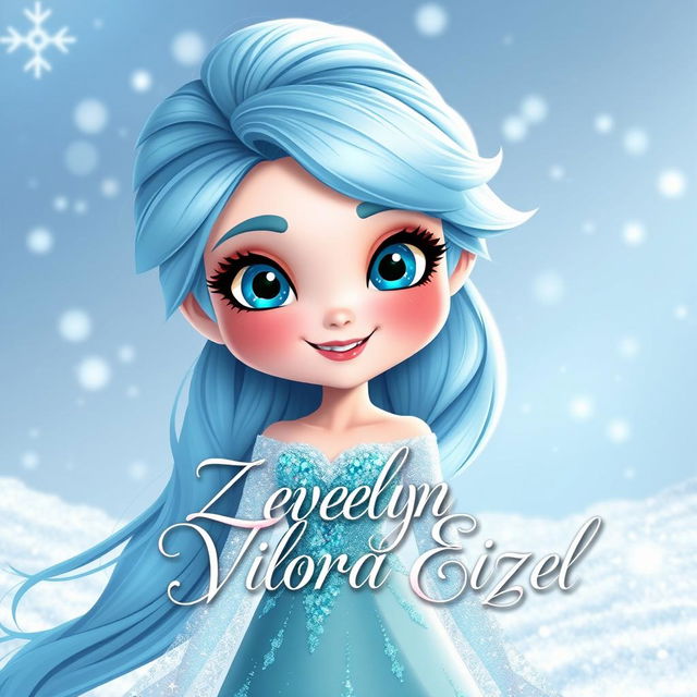 A cartoon character inspired by Elsa from Disney's Frozen, featuring long, flowing icy blue hair, a sparkling ice gown, and a magical, enchanting pose