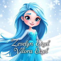 A cartoon character inspired by Elsa from Disney's Frozen, featuring long, flowing icy blue hair, a sparkling ice gown, and a magical, enchanting pose
