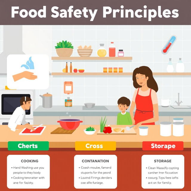 An educational infographic illustrating food safety principles