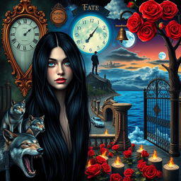 A beautiful, stunning young woman with long black hair and captivating crystal blue eyes is crying in a surreal, dreamy psychedelic landscape reminiscent of Salvador Dali