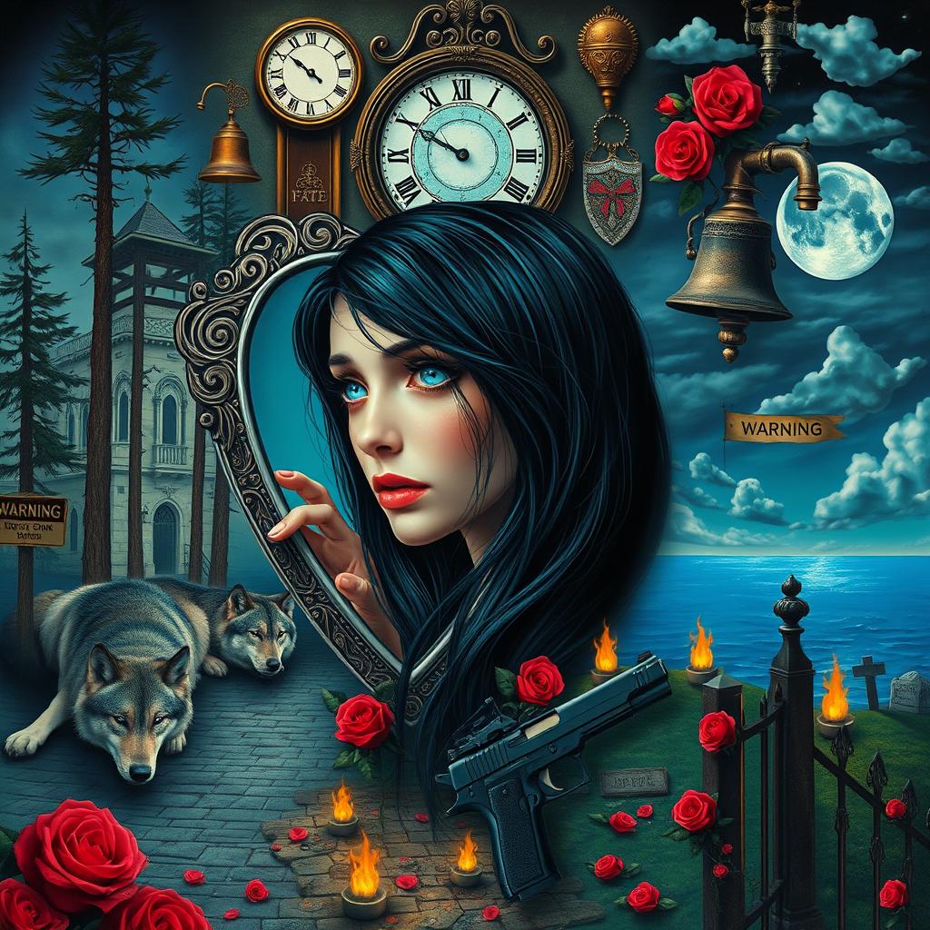 A beautiful, stunning young woman with long black hair and captivating crystal blue eyes is crying in a surreal, dreamy psychedelic landscape reminiscent of Salvador Dali
