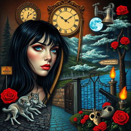 A beautiful, stunning young woman with long black hair and captivating crystal blue eyes is crying in a surreal, dreamy psychedelic landscape reminiscent of Salvador Dali