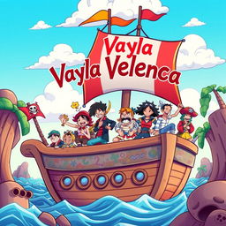 A vibrant cartoon style illustration inspired by the aesthetic of One Piece, featuring colorful characters navigating a whimsical pirate world