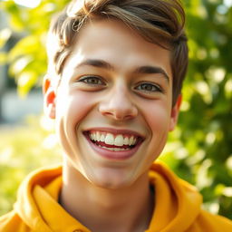 A close-up portrait of a young adult with irregular teeth, showcasing a charming and genuine smile