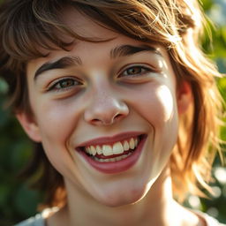 A close-up portrait of a young adult with irregular teeth, showcasing a charming and genuine smile