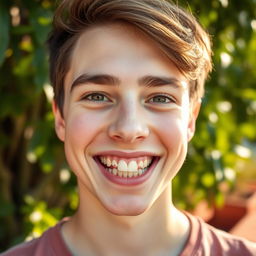 A close-up portrait of a young adult with irregular teeth, showcasing a charming and genuine smile