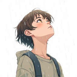 A teenager standing in the rain, gazing up at the sky with a contemplative expression