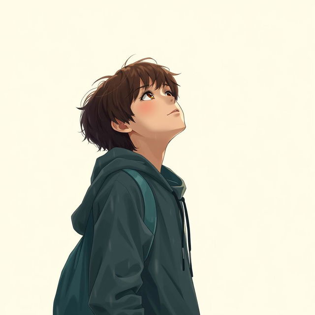 A teenager standing in the rain, gazing up at the sky with a contemplative expression