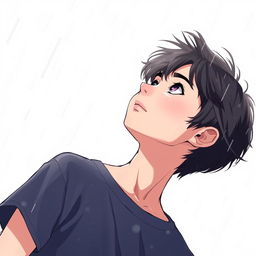 A teenager standing in the rain, gazing up at the sky with a contemplative expression