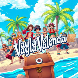 An original anime-style illustration inspired by One Piece, featuring a pirate crew having an adventure on a vibrant tropical island