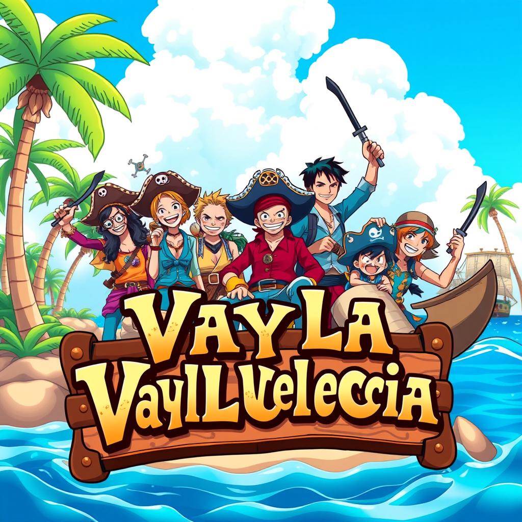 An original anime-style illustration inspired by One Piece, featuring a pirate crew having an adventure on a vibrant tropical island