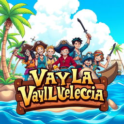 An original anime-style illustration inspired by One Piece, featuring a pirate crew having an adventure on a vibrant tropical island