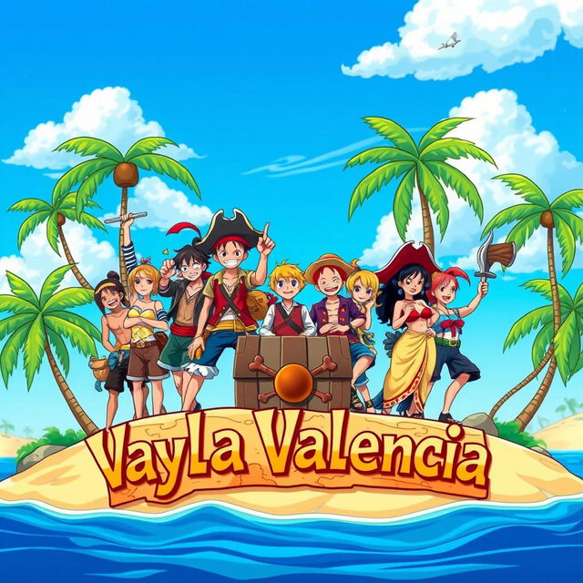 An original anime-style illustration inspired by One Piece, featuring a pirate crew having an adventure on a vibrant tropical island