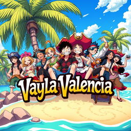 An original anime-style illustration inspired by One Piece, featuring a pirate crew having an adventure on a vibrant tropical island