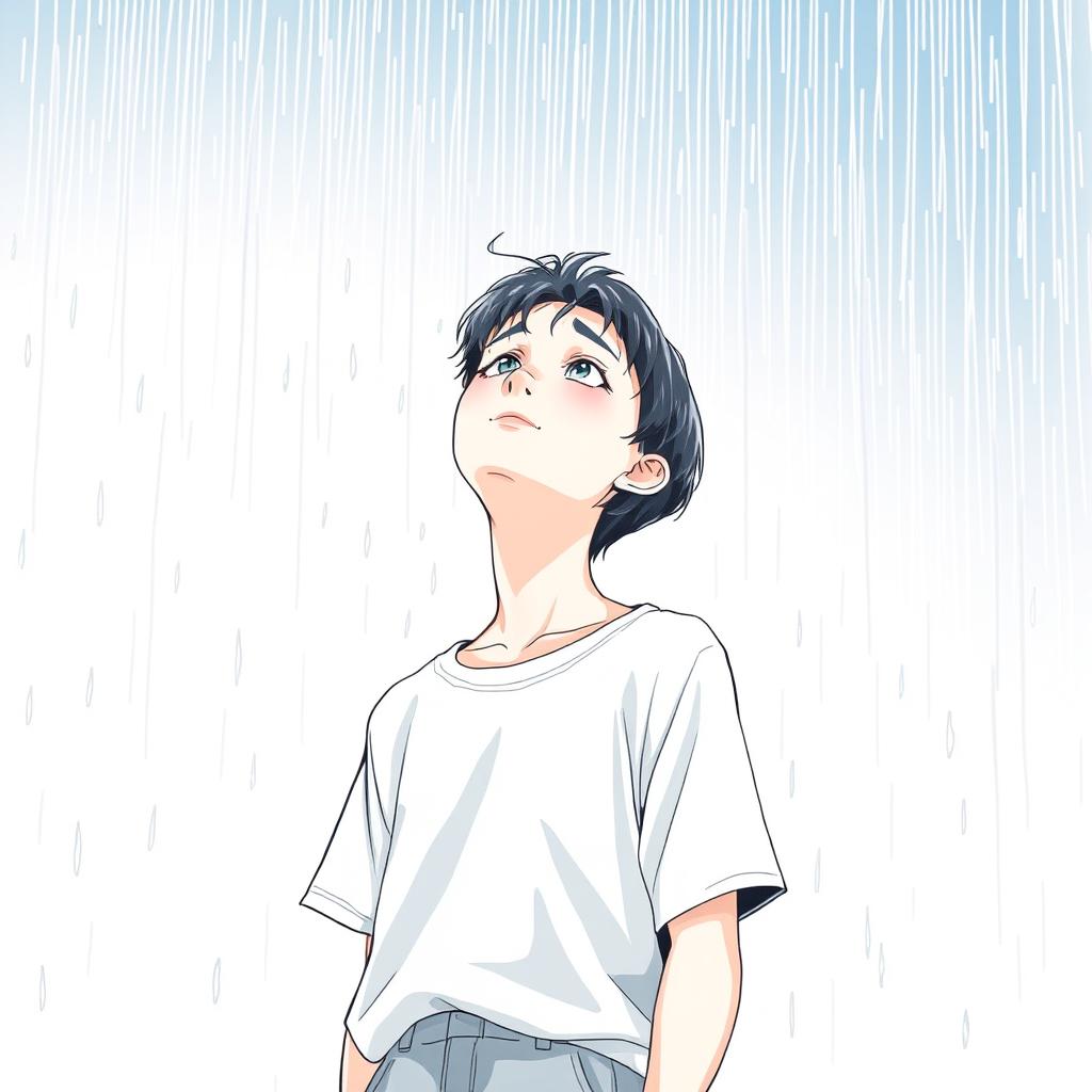 A teenager standing under the pouring rain, looking upwards at the sky with a serene and contemplative expression