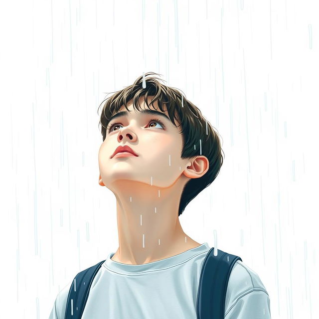 A teenager standing under the pouring rain, looking upwards at the sky with a serene and contemplative expression