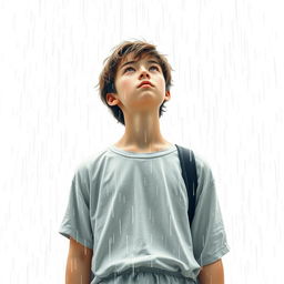 A teenager standing under the pouring rain, looking upwards at the sky with a serene and contemplative expression