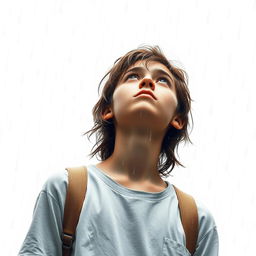 A teenager standing under the pouring rain, looking upwards at the sky with a serene and contemplative expression