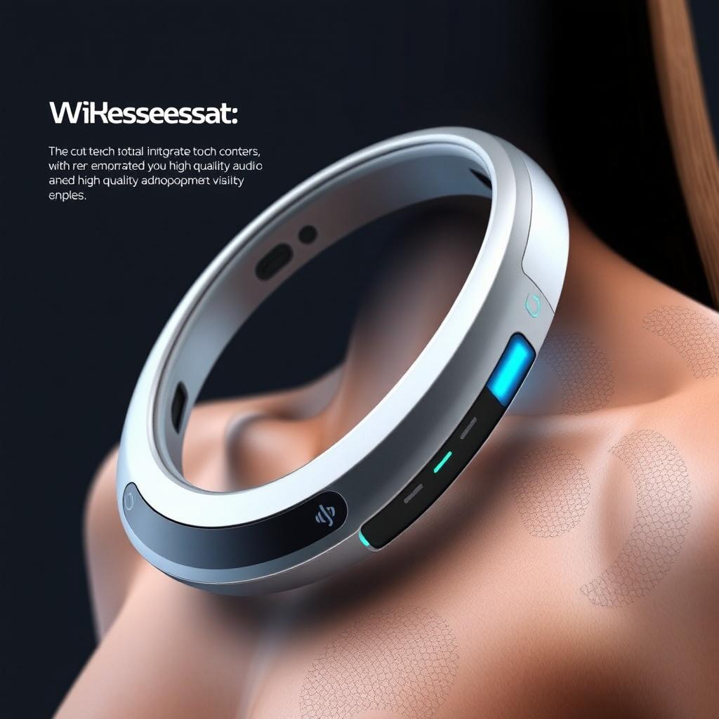 A sleek, futuristic wireless neckband design featuring an ergonomic shape that fits comfortably around the neck