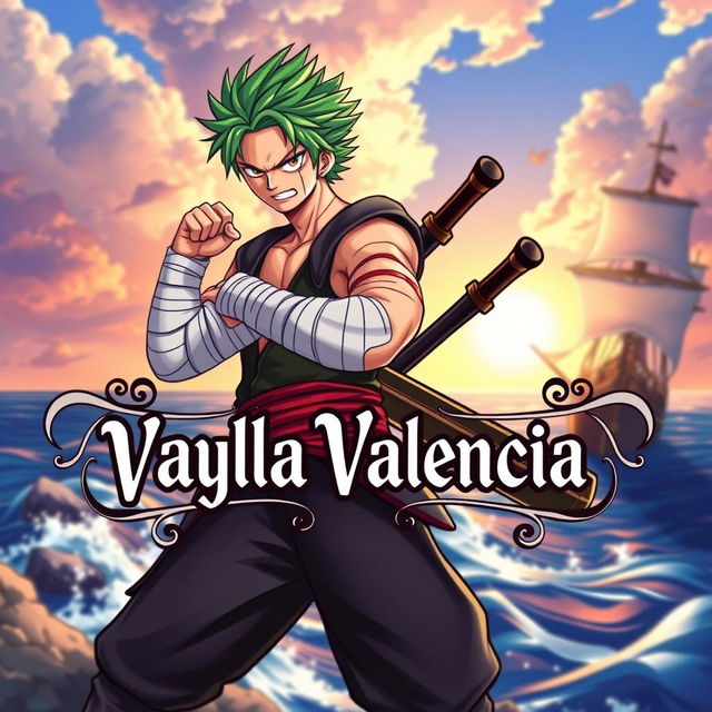 A dynamic character design inspired by a pirate, resembling Zoro from One Piece, but with unique features