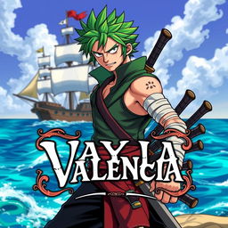 A dynamic character design inspired by a pirate, resembling Zoro from One Piece, but with unique features
