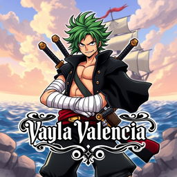 A dynamic character design inspired by a pirate, resembling Zoro from One Piece, but with unique features