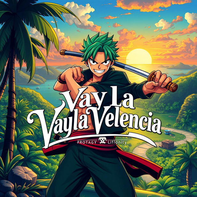 A stylized illustration of Zoro from One Piece, depicted in his signature green hair and swordsmen attire, striking a fierce pose