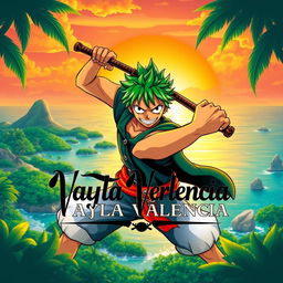 A stylized illustration of Zoro from One Piece, depicted in his signature green hair and swordsmen attire, striking a fierce pose