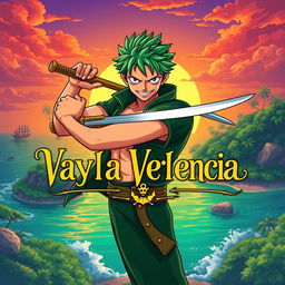 A stylized illustration of Zoro from One Piece, depicted in his signature green hair and swordsmen attire, striking a fierce pose
