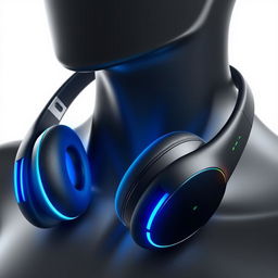 A futuristic design for wireless neckband headphones featuring a streamlined, ergonomic shape that sits comfortably around the neck