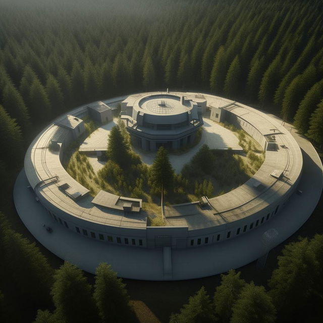 aerial view futuristic maximum-security penitentiary in the middle of forest in broad daylight based on https://files.dreamhome.software/files/static/36926