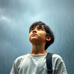 A teenager standing under the pouring rain, looking up at the cloudy sky with an expression of awe and contemplation