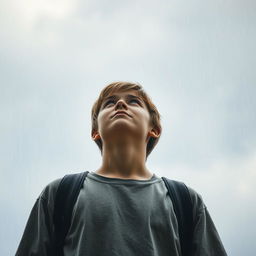 A teenager standing under the pouring rain, looking up at the cloudy sky with an expression of awe and contemplation