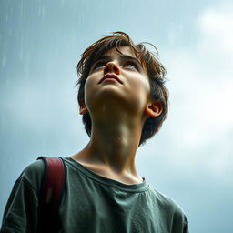 A teenager standing under the pouring rain, looking up at the cloudy sky with an expression of awe and contemplation