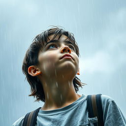 A teenager standing under the pouring rain, looking up at the cloudy sky with an expression of awe and contemplation