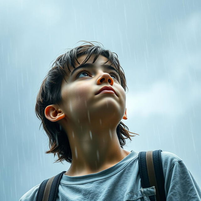 A teenager standing under the pouring rain, looking up at the cloudy sky with an expression of awe and contemplation