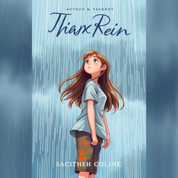 A book cover illustration featuring a teenage girl standing under the pouring rain, looking up at the sky with a hopeful expression