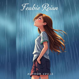 A book cover illustration featuring a teenage girl standing under the pouring rain, looking up at the sky with a hopeful expression