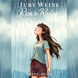 A book cover illustration featuring a teenage girl standing under the pouring rain, looking up at the sky with a hopeful expression