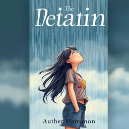 A book cover illustration featuring a teenage girl standing under the pouring rain, looking up at the sky with a hopeful expression