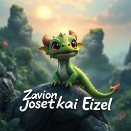 A cute baby dragon with vibrant green scales and oversized eyes, playful and curious in nature