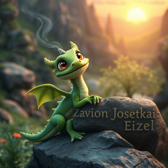 A cute baby dragon with vibrant green scales and oversized eyes, playful and curious in nature