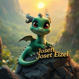 A cute baby dragon with vibrant green scales and oversized eyes, playful and curious in nature