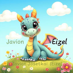 A charming cartoon-style baby dragon with vibrant scales, large expressive eyes, and a playful expression