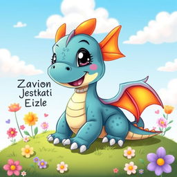 A charming cartoon-style baby dragon with vibrant scales, large expressive eyes, and a playful expression