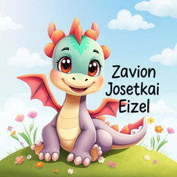 A charming cartoon-style baby dragon with vibrant scales, large expressive eyes, and a playful expression